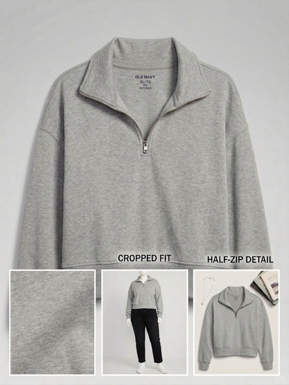 Old Navy Womens Light Heather Gray Half-Zip Cropped Sweatshirt